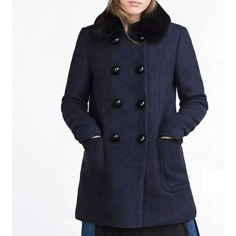 Zara Trafaluc Coat Women's Small Navy Blue Boiled Wool Boucle Double Breasted